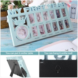 Unittype My First Year Baby Picture Frame Newborn Baby\'s First Twelve Months Photo Collage,12 Month Milestone Keepsake Frame for Photo Memories Baby 1st Birthday Mothers Day Gift(Blue)