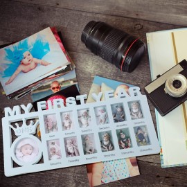 Unittype My First Year Baby Picture Frame Newborn Baby\'s First Twelve Months Photo Collage,12 Month Milestone Keepsake Frame for Photo Memories Baby 1st Birthday Mothers Day Gift(Blue)