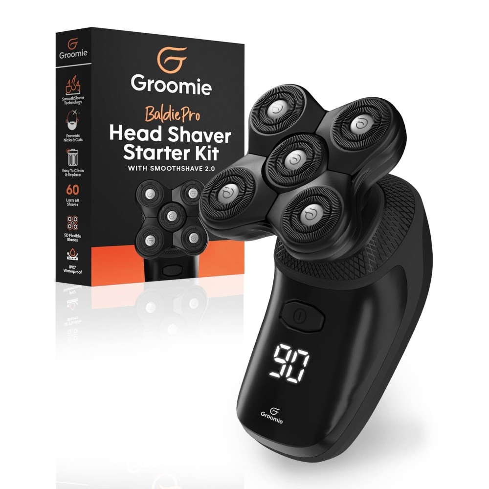 Groomie Cordless Bald Head Shavers for Men, BaldiePro Head Grooming Starter Kit - Includes Ergonomic BaldiePro Head Shaver, SmoothShave Blade 2.0, Cleaning Brush, Charging Cable & User Manual