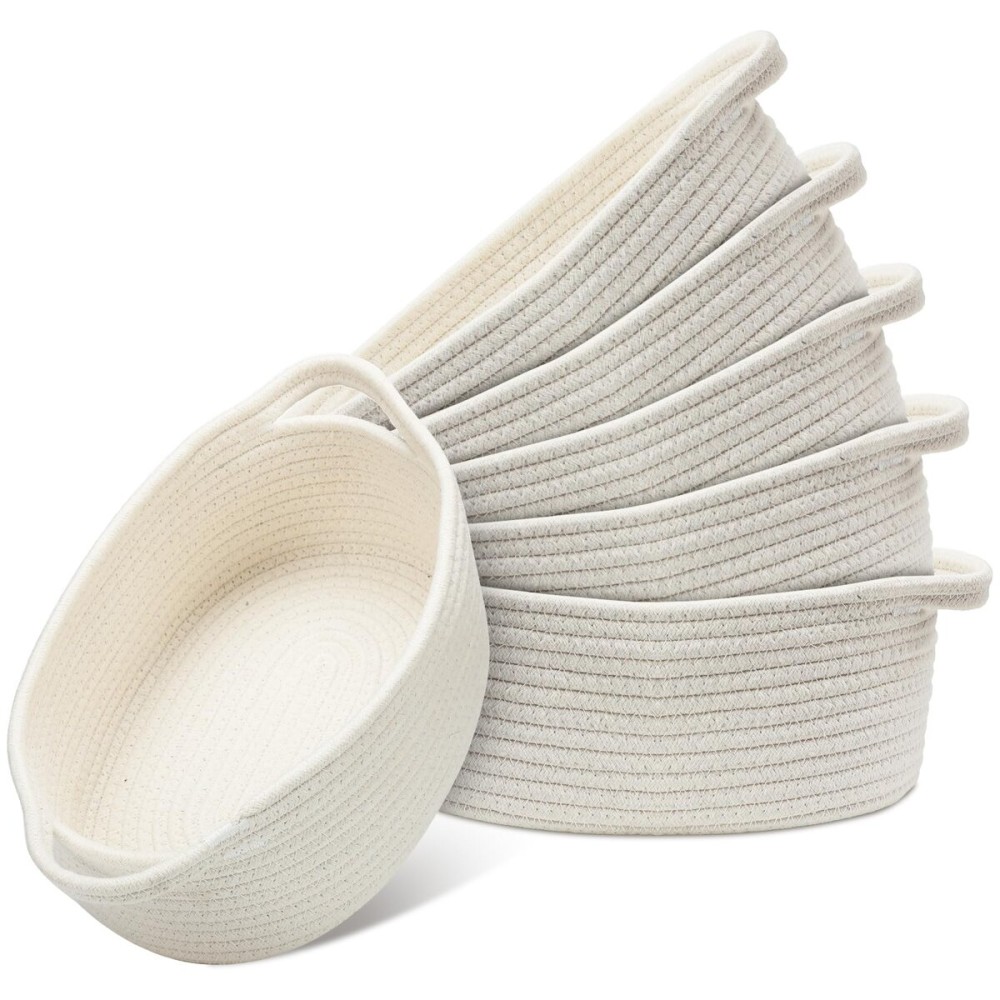 Suttmin 6 Pcs Small Woven Basket 12 x 8 x 5 Empty Gift, Cotton Rope Storage, Decorative Dog Cat, Cute Oval Basket for Bedroom Living Room Organizing(White)