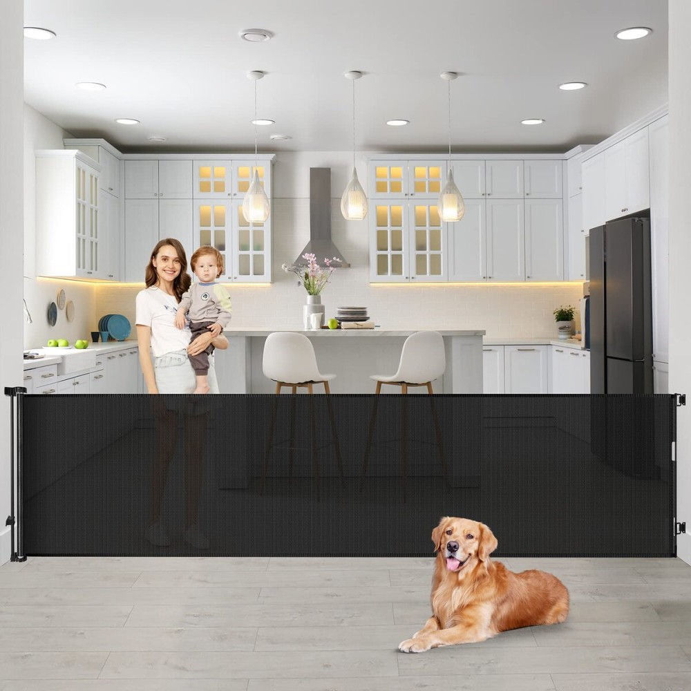 90 Inch Retractable Baby Gates Extra Wide Dog Gates for The House Long Pet Gate for Stairs Child Gates for Wide Openings Large Mesh Gate Indoor Outdoor Gates for Dogs, Black