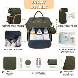 ROSEGIN Diaper Bag Backpack with Changing Pad, Pacifier Case, Baby Bag for Boy Girl Toddler - Large, Stylish, Waterproof Travel Quilted Diaper Bag for Mom - Baby Shower - Army Green