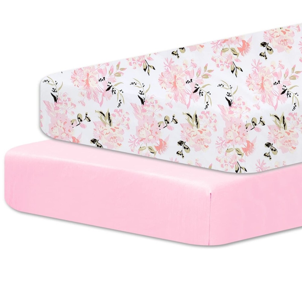 Little Grape Land Pack and Play Sheets Mini Crib Sheets Soft Breathable Pack N Play Sheets, Playard Fitted Sheet 2 Pack Stretchy Fits 38x26 Playard Mattress, Pink Floral