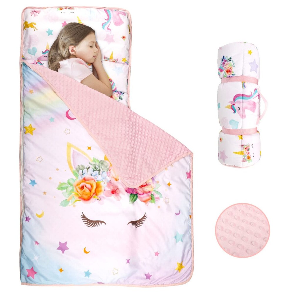 Toddler Nap Mat with Removable Pillow and Soft Dot Minky Blanket Pea Pod Kids Unicorn Napping Mats, Extra Large Rolled Slumber Bags for Girls Preschool, Daycare, Camping, 22 x 54inches Ages 3-7 Years