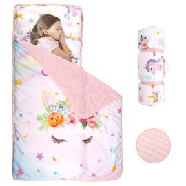 Toddler Nap Mat with Removable Pillow and Soft Dot Minky Blanket Pea Pod Kids Unicorn Napping Mats, Extra Large Rolled Slumber Bags for Girls Preschool, Daycare, Camping, 22 x 54inches Ages 3-7 Years