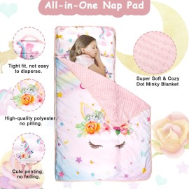 Toddler Nap Mat with Removable Pillow and Soft Dot Minky Blanket Pea Pod Kids Unicorn Napping Mats, Extra Large Rolled Slumber Bags for Girls Preschool, Daycare, Camping, 22 x 54inches Ages 3-7 Years