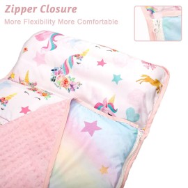 Toddler Nap Mat with Removable Pillow and Soft Dot Minky Blanket Pea Pod Kids Unicorn Napping Mats, Extra Large Rolled Slumber Bags for Girls Preschool, Daycare, Camping, 22 x 54inches Ages 3-7 Years