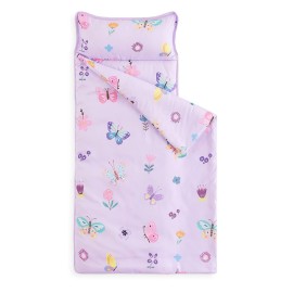 Wake In Cloud - Toddler Nap Mat with Pillow and Blanket, for Kids Girls in Kindergarten Daycare Preschool Pre K, Roll Up Sleeping Bag, Cute Butterfly Flowers, Purple, Standard