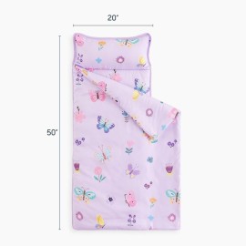 Wake In Cloud - Toddler Nap Mat with Pillow and Blanket, for Kids Girls in Kindergarten Daycare Preschool Pre K, Roll Up Sleeping Bag, Cute Butterfly Flowers, Purple, Standard