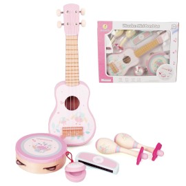WoodenEdu Kids Guitar for Girls, Wooden Musical Instruments Toys with Ukulele, Tambourine, Maracas, Harmonica, Mini Band Sets for Toddlers 2 3 Years Old Birthday Gift (Pink for Girls)