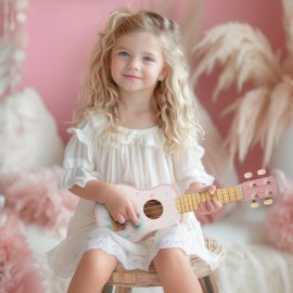 WoodenEdu Kids Guitar for Girls, Wooden Musical Instruments Toys with Ukulele, Tambourine, Maracas, Harmonica, Mini Band Sets for Toddlers 2 3 Years Old Birthday Gift (Pink for Girls)