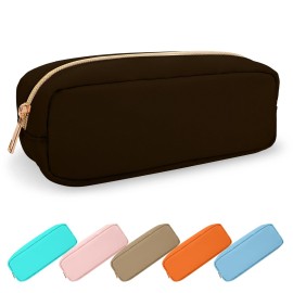 Small Pencil Case Makeup Bag for Purse, Cute Pencil Pouch Preppy Nylon Makeup Brush Bag with Zipper , Girls Portable Stationery Storage Case Small Pen Bag for Office School College(Slim-Chocolate)