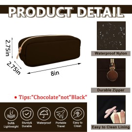 Small Pencil Case Makeup Bag for Purse, Cute Pencil Pouch Preppy Nylon Makeup Brush Bag with Zipper , Girls Portable Stationery Storage Case Small Pen Bag for Office School College(Slim-Chocolate)