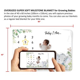 Baby Milestone Blanket, 60x40, Baby Month Blanket for Unisex Babys, First Year Calendar Monthly Growth Chart, Baby Shower Gifts (Light Gray Elephant)