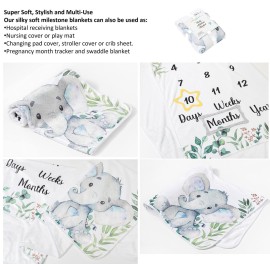 Baby Milestone Blanket, 60x40, Baby Month Blanket for Unisex Babys, First Year Calendar Monthly Growth Chart, Baby Shower Gifts (Light Gray Elephant)