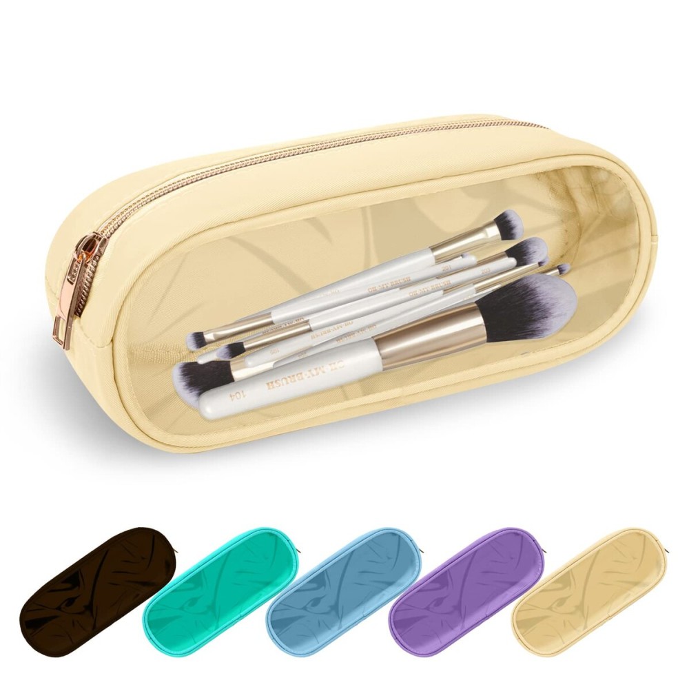 UIXIZQ Clear Small Makeup Bag with Zipper, Nylon&PVC Cosmetic Travel Bag Preppy TSA Approved Toiletry Bag for Women Girls, Transparent Waterproof Makeup Pouches Cute Travel Bag for Purse(Small-Beige)