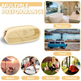 UIXIZQ Clear Small Makeup Bag with Zipper, Nylon&PVC Cosmetic Travel Bag Preppy TSA Approved Toiletry Bag for Women Girls, Transparent Waterproof Makeup Pouches Cute Travel Bag for Purse(Small-Beige)
