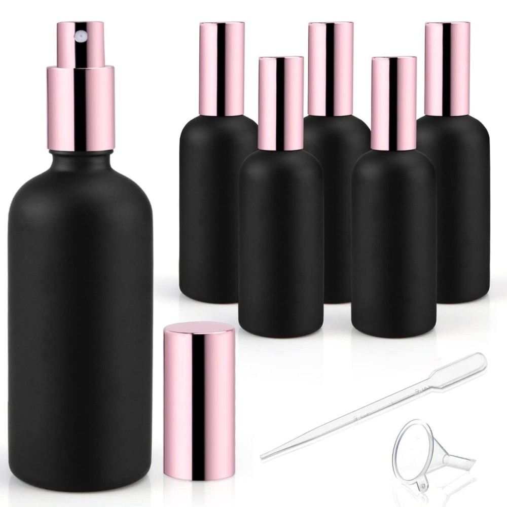 DMuuuDM 6 Pack 3.4 Oz Black Frosted Glass Spray Bottles,Empty Perfume Fine Mist Atomizer,Rose-Golden Pump Head Travel Liquid Holder Containers for Cologne,Essential Oils,Body Sprays-Funnel&Pipette