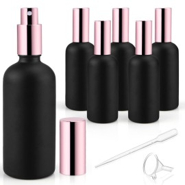 DMuuuDM 6 Pack 3.4 Oz Black Frosted Glass Spray Bottles,Empty Perfume Fine Mist Atomizer,Rose-Golden Pump Head Travel Liquid Holder Containers for Cologne,Essential Oils,Body Sprays-Funnel&Pipette