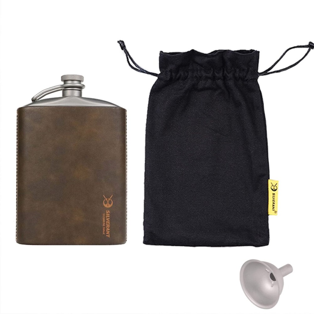 SILVERANT Titanium Hip Flask 248ml/8.73 fl oz, Ultralight Portable Leakproof Pocket Flask Flagon With Screw Cap Clip, Leather Case & Pouring Funnel