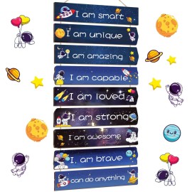 Chunful Set of 9 Boys Room Bedroom Decor Boys Inspirational Wall Decor Wood Hanging Plaque Motivational Kids Bedroom Wall Sign for Kids Teenage Toddler(Space)