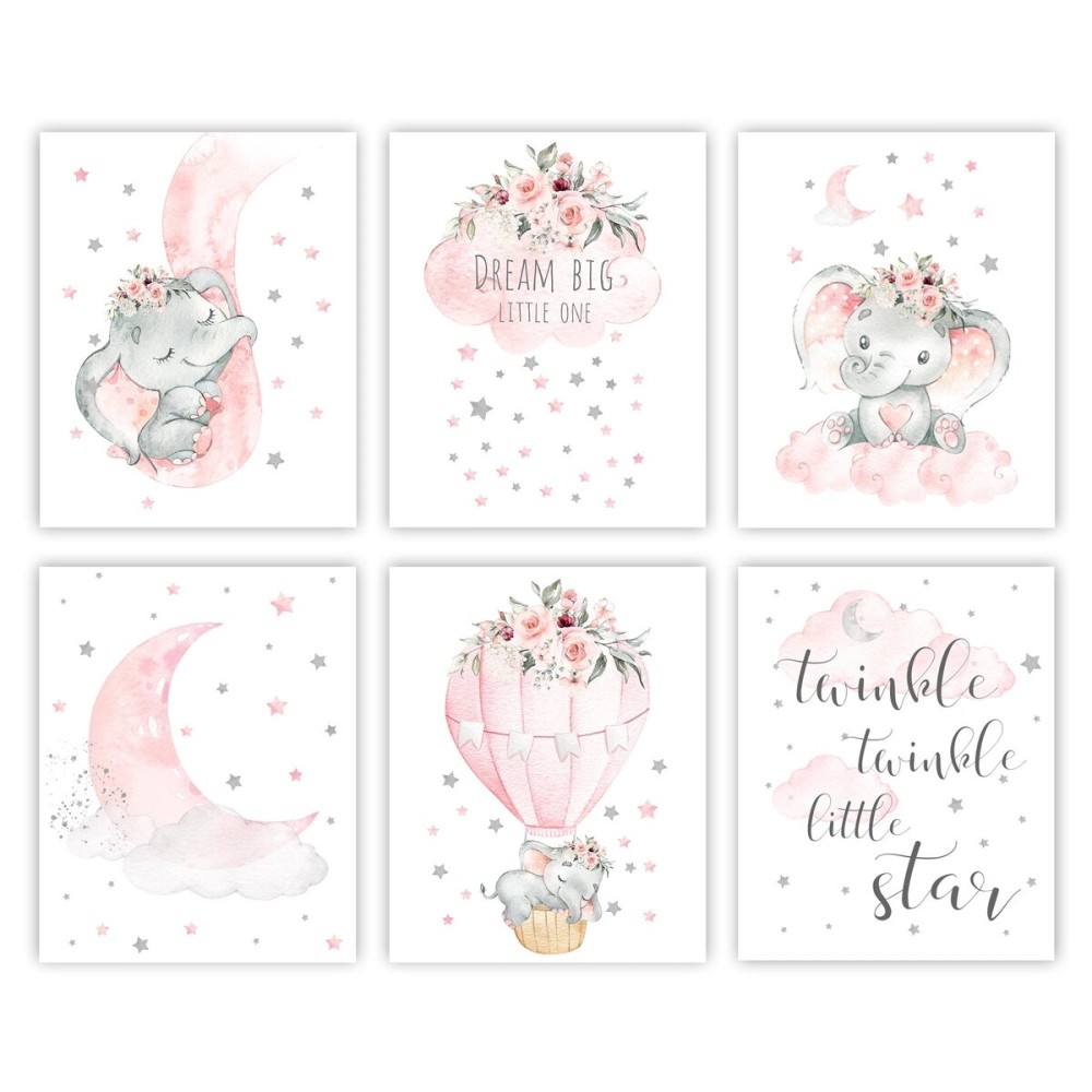 Canssape Elephant Nursery Wall Decor Set of 6 Baby Girl Room Decor for Nursery 8x10 Pink Flowers Wall Art Prints | Dream Big Little One | Nursery Wall Art Girl Room Wall Decor(Unframed)