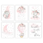 Canssape Elephant Nursery Wall Decor Set of 6 Baby Girl Room Decor for Nursery 8x10 Pink Flowers Wall Art Prints | Dream Big Little One | Nursery Wall Art Girl Room Wall Decor(Unframed)