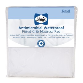 Sealy Baby Antimicrobial Fitted Waterproof Infant Crib Mattress Protector Pad and Toddler Bed Cover, Designed to Neutralize Odors, Machine Washable and Dryer Friendly, 52 x 28- White