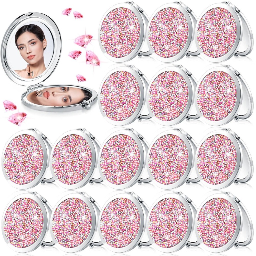 Maitys 16 Pcs Compact Mirror Bulk for Purses Small Cosmetic Folding 2.75 Inch Round Diamond Bling 1X/ 2X Magnifying Pocket Makeup Mirror for Women Wedding Gift, Pink Silver