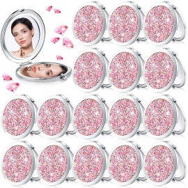 Maitys 16 Pcs Compact Mirror Bulk for Purses Small Cosmetic Folding 2.75 Inch Round Diamond Bling 1X/ 2X Magnifying Pocket Makeup Mirror for Women Wedding Gift, Pink Silver