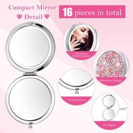 Maitys 16 Pcs Compact Mirror Bulk for Purses Small Cosmetic Folding 2.75 Inch Round Diamond Bling 1X/ 2X Magnifying Pocket Makeup Mirror for Women Wedding Gift, Pink Silver