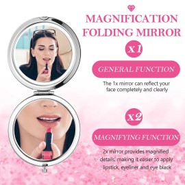 Maitys 16 Pcs Compact Mirror Bulk for Purses Small Cosmetic Folding 2.75 Inch Round Diamond Bling 1X/ 2X Magnifying Pocket Makeup Mirror for Women Wedding Gift, Pink Silver