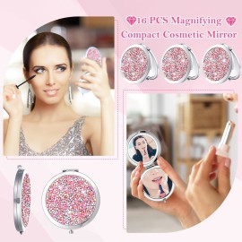 Maitys 16 Pcs Compact Mirror Bulk for Purses Small Cosmetic Folding 2.75 Inch Round Diamond Bling 1X/ 2X Magnifying Pocket Makeup Mirror for Women Wedding Gift, Pink Silver