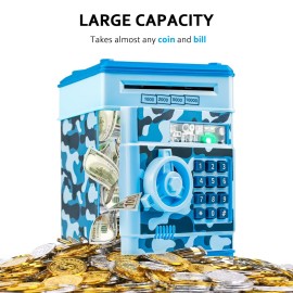 ATM Piggy Bank for Boys Girls, Vcertcpl Mini ATM Coin Bank Money Saving Box with Password, Kids Safe Money Jar for Adults with Auto Grab Bill Slot, Great Gift Toy Bank for Kids (Camouflage Light Blue) ATM Piggy Bank for Boys Girls, Vcertcpl Mini ATM Coin Bank Money Saving Box with Password, Kids Safe Money Jar for Adults with Auto Grab Bill Slot, Great Gift Toy Bank for Kids (Camouflage Light Blue)