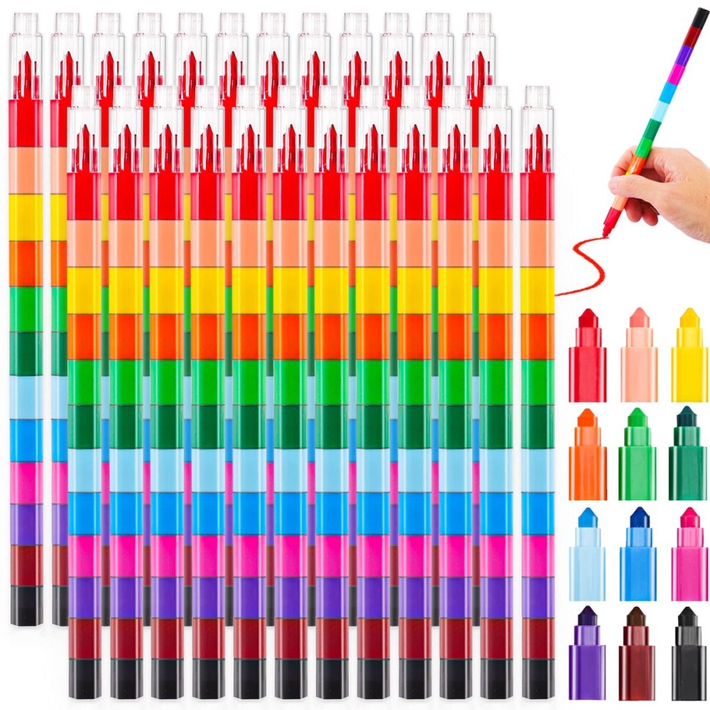 Loppdece 24 Stackable Crayons, Buildable DIY Crayons for Classroom & Office, Rainbow Colors
