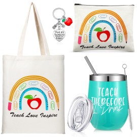 Hillban 4 Pcs Teacher Appreciation Gift for Women 12oz Teacher Tumbler Teacher Tote Bag Makeup Cosmetic Bag Keychain Thank You Gift for Teacher Birthday Back to School(Rainbow Style)