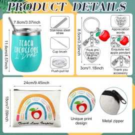Hillban 4 Pcs Teacher Appreciation Gift for Women 12oz Teacher Tumbler Teacher Tote Bag Makeup Cosmetic Bag Keychain Thank You Gift for Teacher Birthday Back to School(Rainbow Style)