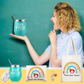 Hillban 4 Pcs Teacher Appreciation Gift for Women 12oz Teacher Tumbler Teacher Tote Bag Makeup Cosmetic Bag Keychain Thank You Gift for Teacher Birthday Back to School(Rainbow Style)