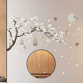 Large Chinese Wall Decals Cherry Blossom Tree 3D Tree Wall Stickers Peel and Stick Wall Decor DIY Flower Wall Murals for Bedroom Living Room Baby Nursery Rooms