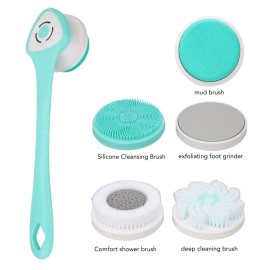 ZJchao IP67 Multifunctional Electric Shower Brush Electric Shower, Electric Body Brush for Exfoliating and Massage Brush Electric Dual Use Detachable Handle 3 Gear 5 Brush Head
