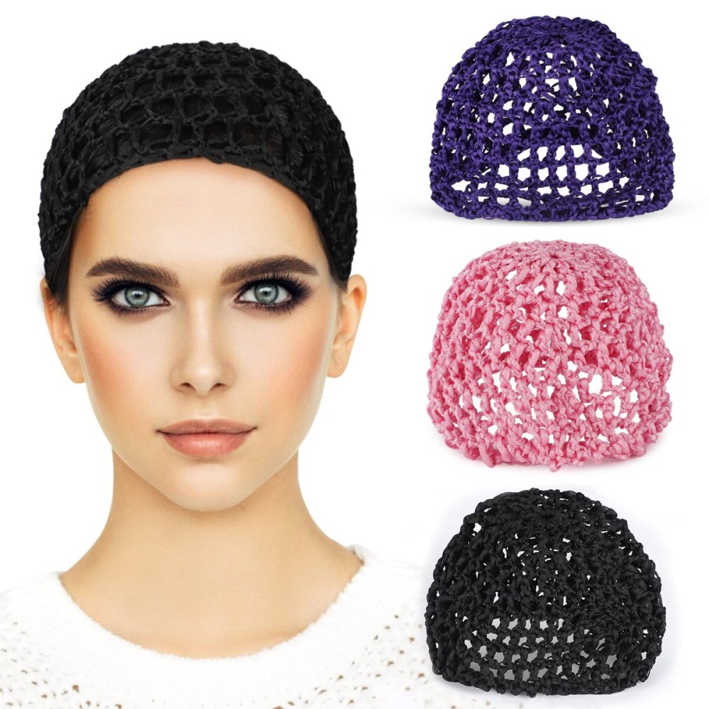 Etercycle 3 Pieces Mesh Crochet Hair Net Snoods for Women, Soft Rayon Knit Crochet Hairnet Hair Cover Accessory for Sleeping (Black, Pink, Purple)