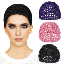 Etercycle 3 Pieces Mesh Crochet Hair Net Snoods for Women, Soft Rayon Knit Crochet Hairnet Hair Cover Accessory for Sleeping (Black, Pink, Purple)