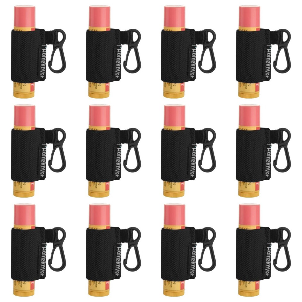 Homakover 12 Pack Compact Clip-On Lipstick Holder Keychain, Lip Balm Sleeves with Clip, Fits Most Standard Lip Balm,Tight-Knit Elastic Lip Balm Keychain Holder (Black)