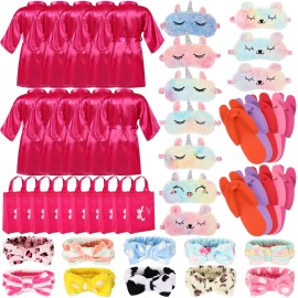 Bonuci 50 Pcs Spa Party Supplies for Girls, 10 Satin Robe 10 Kids Slippers Sleepover Birthday Spa Party Favors(Rose Red)