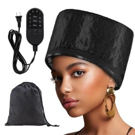 Hair Steamer Heat Cap for Deep Conditioning, Thermal Steam Cap for Natural Hair Home Use with 10 Modes 3 Timer Settings All Black Extended Cord for Spa Hair Care, Black