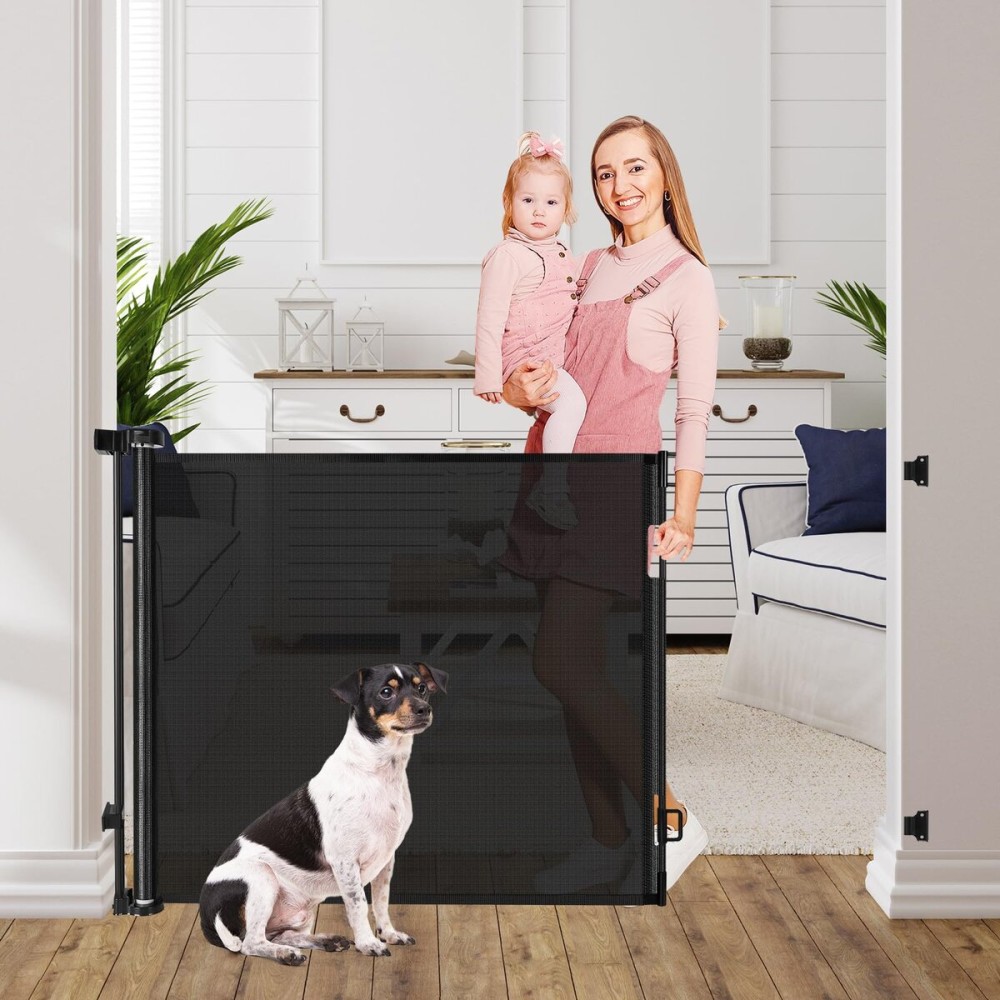 Retractable Puppy Gates for The House Prevent Kid/Pet from Getting Through 60 Wide Baby Gate for Stairs Scratch-Resistant Retractable Indoor Dog Gates for Doorways Outdoor Dog Gate for Deck, Black