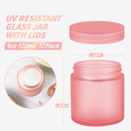 4OZ Glass Jars with Lids, Hoa Kinh Small Glass Jars, 12 Pack Empty Round Canning Storage Jars Containers for Storing Lotions, Powders, and Ointments (4oz-12Pack-Frosted Pink)