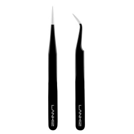 Lash Tweezers for Eyelash Extensions, Lankiz Eyelash Tweezers for Lash Extensions Stainless Steel Straight and Curved Volume Lash Tweezers Set Kit (2PCS-Black)
