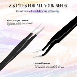 Lash Tweezers for Eyelash Extensions, Lankiz Eyelash Tweezers for Lash Extensions Stainless Steel Straight and Curved Volume Lash Tweezers Set Kit (2PCS-Black)