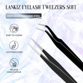 Lash Tweezers for Eyelash Extensions, Lankiz Eyelash Tweezers for Lash Extensions Stainless Steel Straight and Curved Volume Lash Tweezers Set Kit (2PCS-Black)